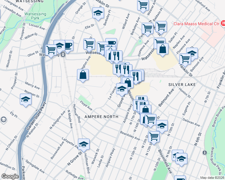 map of restaurants, bars, coffee shops, grocery stores, and more near 47 La France Avenue in Bloomfield