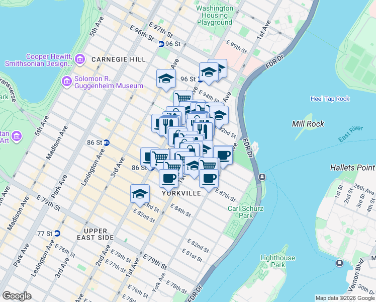 map of restaurants, bars, coffee shops, grocery stores, and more near 350 East 89th Street in New York