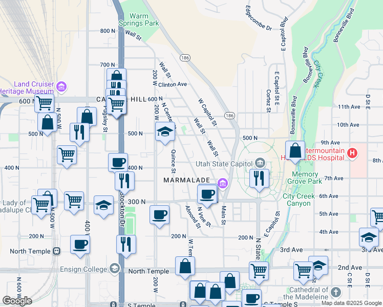 map of restaurants, bars, coffee shops, grocery stores, and more near 424 North Center Street in Salt Lake City
