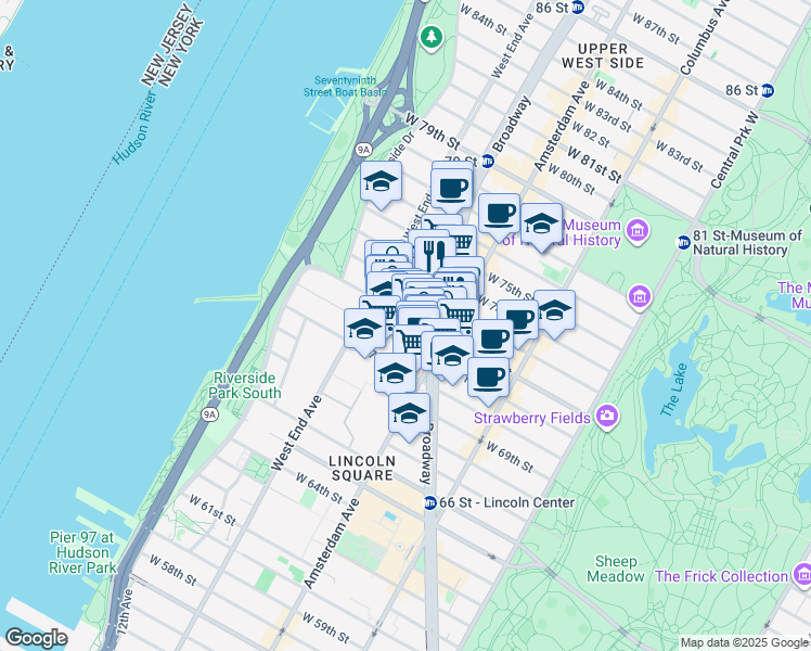 map of restaurants, bars, coffee shops, grocery stores, and more near 224 West 72nd Street in New York