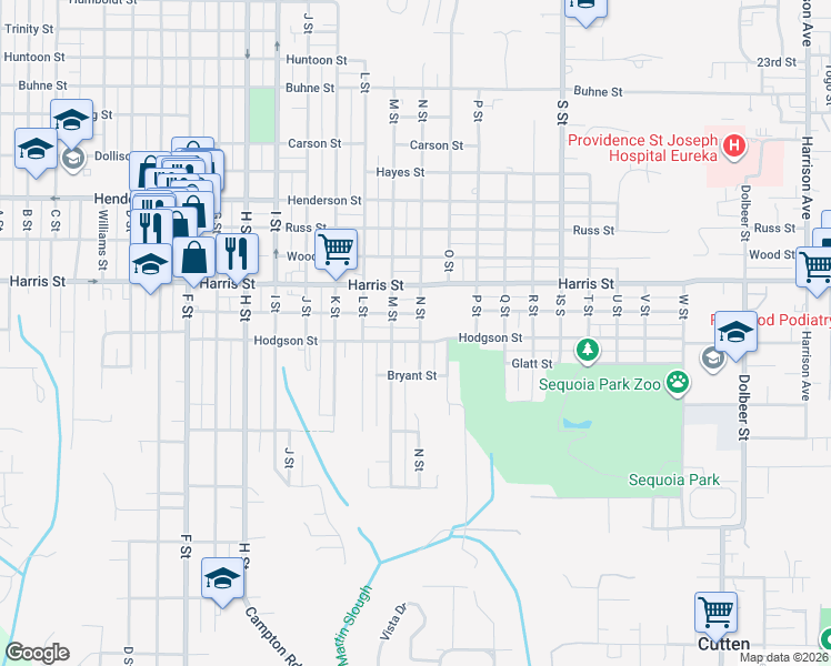 map of restaurants, bars, coffee shops, grocery stores, and more near 3232 N Street in Eureka