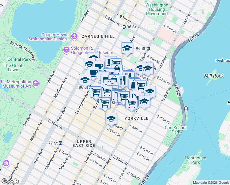map of restaurants, bars, coffee shops, grocery stores, and more near East 87th Street in New York