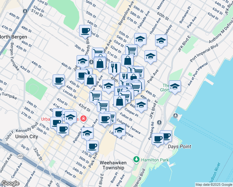map of restaurants, bars, coffee shops, grocery stores, and more near 4604 Hudson Avenue in Union City