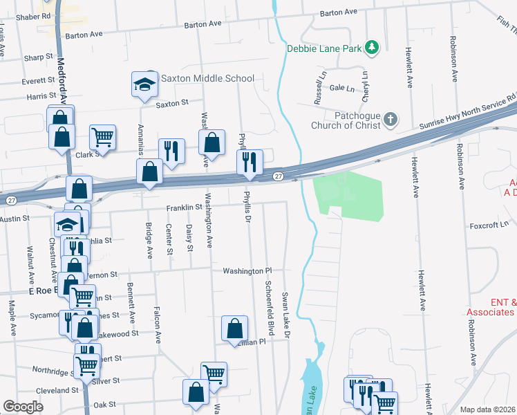 map of restaurants, bars, coffee shops, grocery stores, and more near 206 Franklin Street in Patchogue