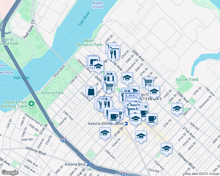 map of restaurants, bars, coffee shops, grocery stores, and more near 24-19 Ditmars Boulevard in Queens
