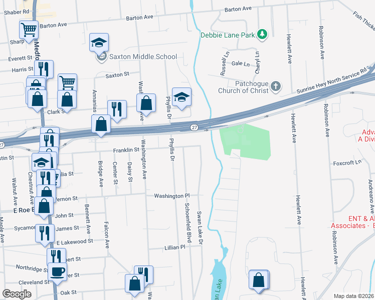 map of restaurants, bars, coffee shops, grocery stores, and more near 206 Franklin Street in Patchogue