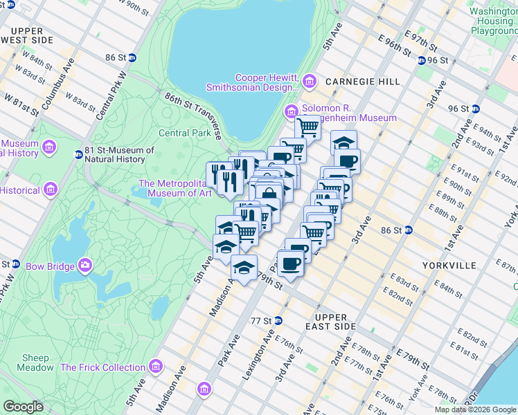 map of restaurants, bars, coffee shops, grocery stores, and more near 445 Park Avenue in New York