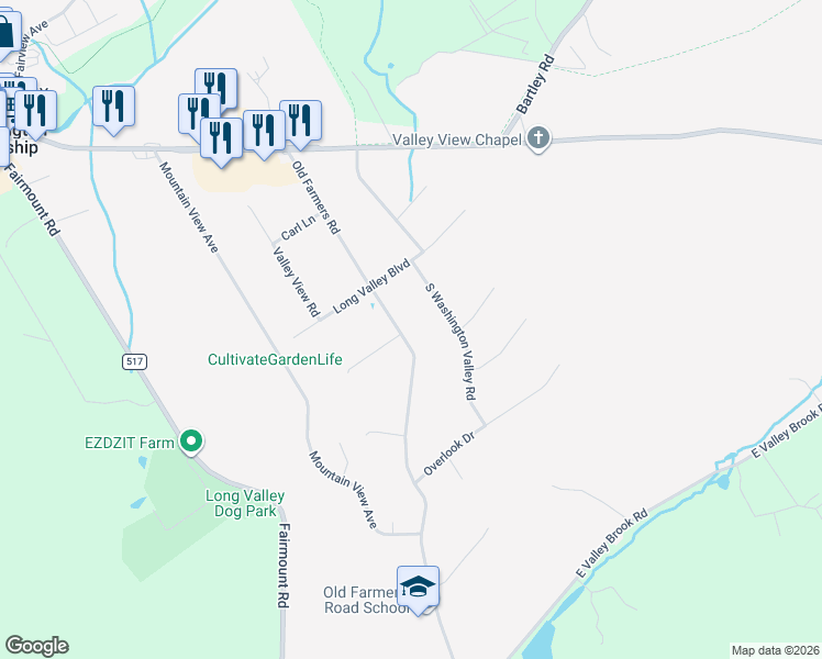 map of restaurants, bars, coffee shops, grocery stores, and more near 26 Old Farmers Road in Long Valley