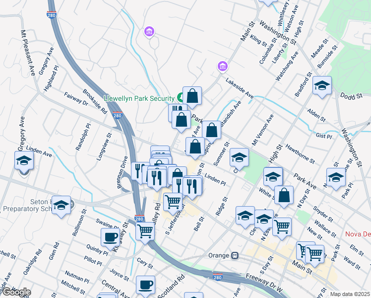 map of restaurants, bars, coffee shops, grocery stores, and more near 31 White Street in West Orange