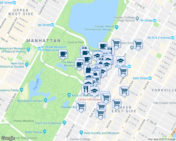 map of restaurants, bars, coffee shops, grocery stores, and more near 1000 Museum Mile in New York