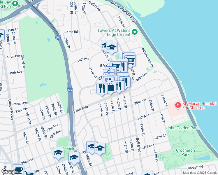 map of restaurants, bars, coffee shops, grocery stores, and more near 211-01 26th Avenue in Queens