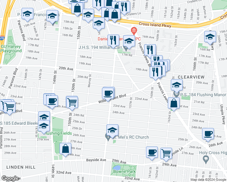 map of restaurants, bars, coffee shops, grocery stores, and more near 21-15 154th Street in Queens
