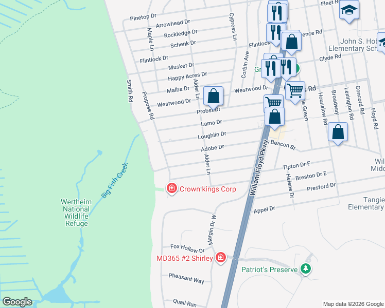 map of restaurants, bars, coffee shops, grocery stores, and more near 16 Adobe Drive in Shirley