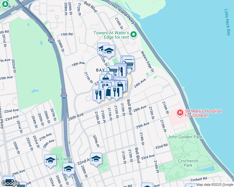map of restaurants, bars, coffee shops, grocery stores, and more near 212-47 26th Avenue in Queens