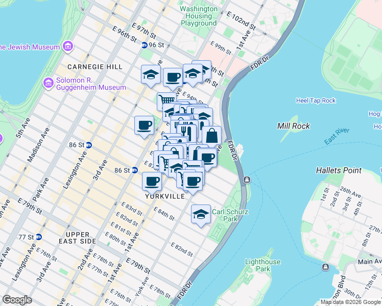 map of restaurants, bars, coffee shops, grocery stores, and more near 402 East 90th Street in New York