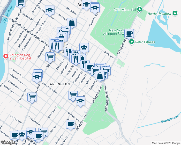 map of restaurants, bars, coffee shops, grocery stores, and more near 366 Belleville Turnpike in North Arlington