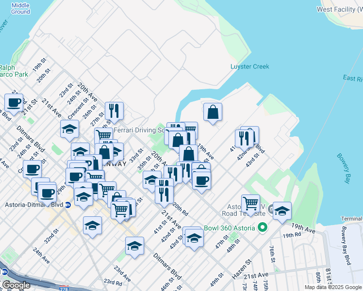 map of restaurants, bars, coffee shops, grocery stores, and more near 19-30 37th Street in Queens