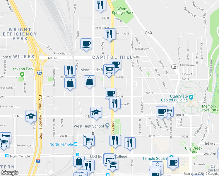 map of restaurants, bars, coffee shops, grocery stores, and more near 437 North 300 West in Salt Lake City
