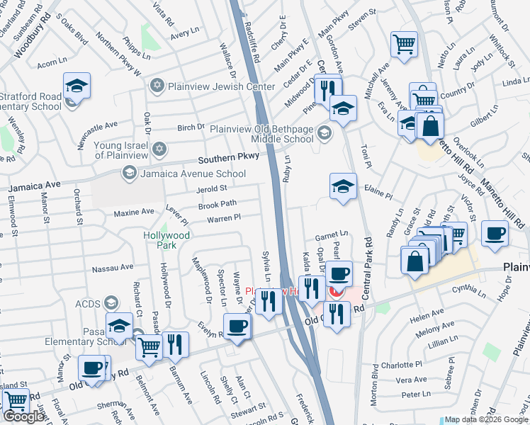 map of restaurants, bars, coffee shops, grocery stores, and more near 54 Sylvia Lane in Plainview