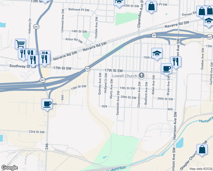 map of restaurants, bars, coffee shops, grocery stores, and more near 1828 Holland Court Southwest in Canton