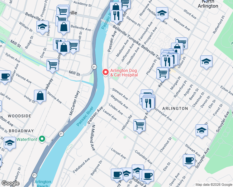 map of restaurants, bars, coffee shops, grocery stores, and more near 9 Magnolia Avenue in Kearny