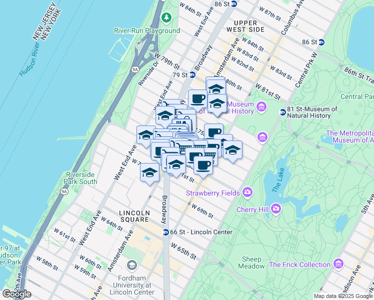 map of restaurants, bars, coffee shops, grocery stores, and more near West 73rd Street in New York