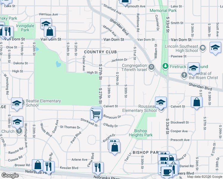 map of restaurants, bars, coffee shops, grocery stores, and more near 3316 South 28th Street in Lincoln