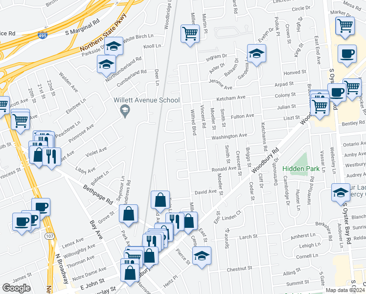 map of restaurants, bars, coffee shops, grocery stores, and more near 2 Victor Court in Hicksville