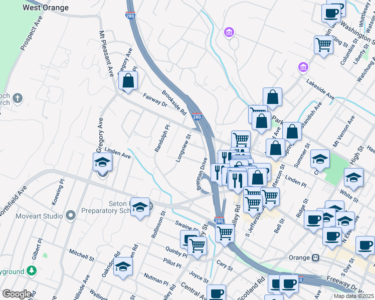 map of restaurants, bars, coffee shops, grocery stores, and more near 36 Longview Street in West Orange