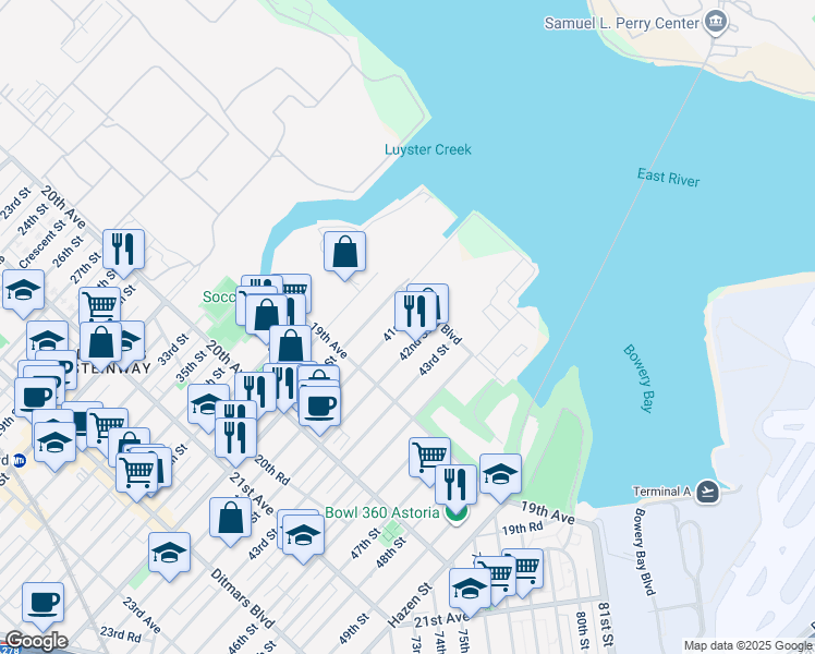 map of restaurants, bars, coffee shops, grocery stores, and more near 18-26 41st Street in Queens