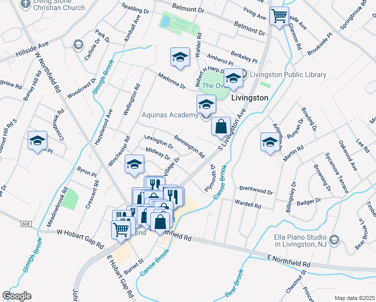 map of restaurants, bars, coffee shops, grocery stores, and more near 43 Village Drive in Livingston