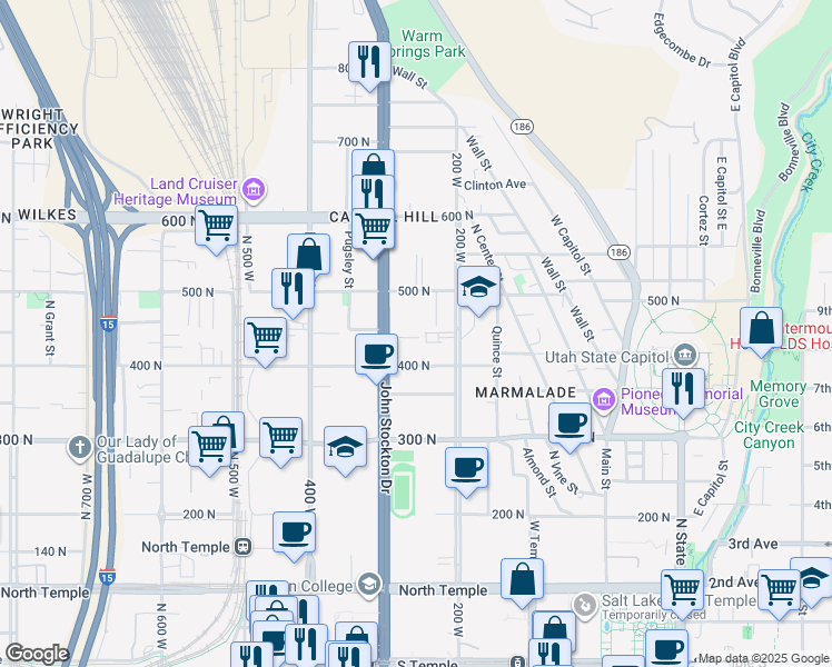 map of restaurants, bars, coffee shops, grocery stores, and more near 248 Bishop Place in Salt Lake City