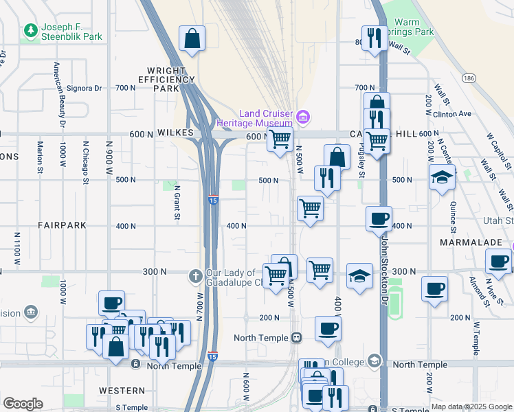 map of restaurants, bars, coffee shops, grocery stores, and more near 440 600 West in Salt Lake City