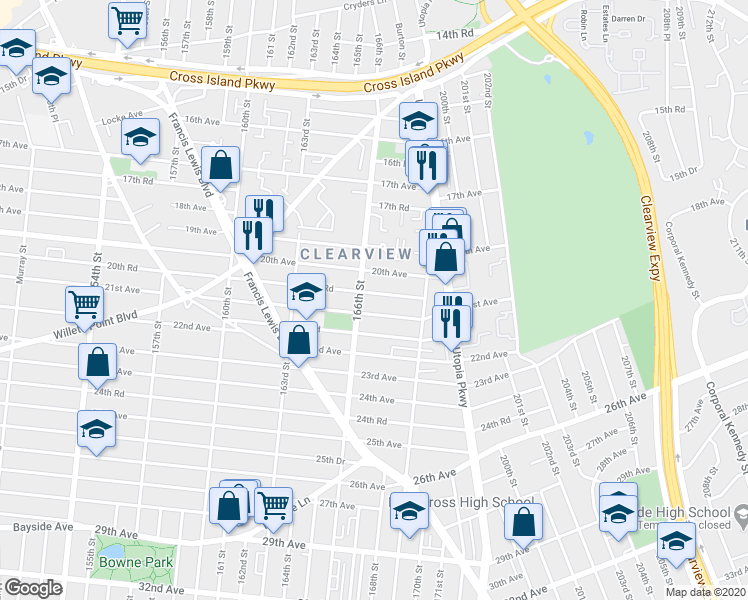 map of restaurants, bars, coffee shops, grocery stores, and more near 166-16 20th Road in Queens