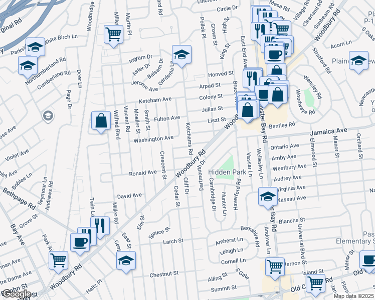 map of restaurants, bars, coffee shops, grocery stores, and more near 14 Ketcham Avenue in Hicksville