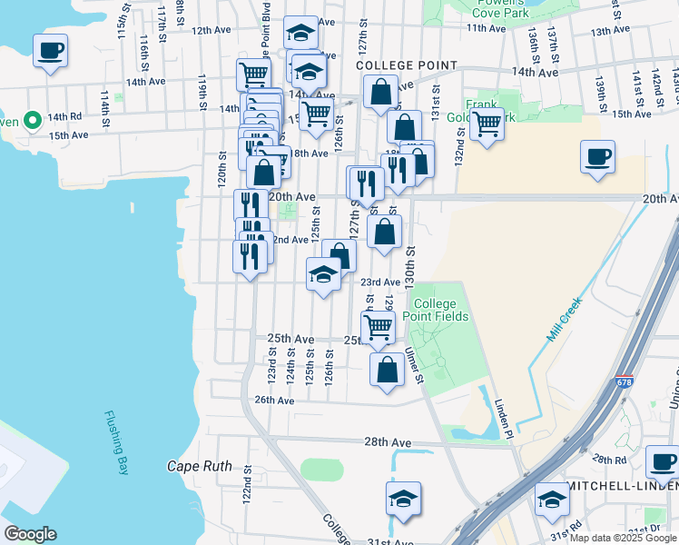 map of restaurants, bars, coffee shops, grocery stores, and more near 22-39 126th Street in Queens