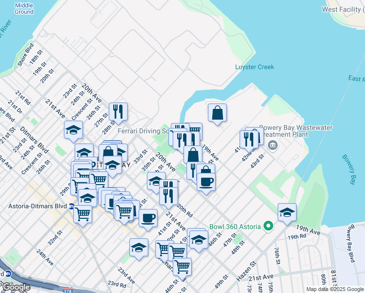 map of restaurants, bars, coffee shops, grocery stores, and more near 19-30 37th Street in Queens
