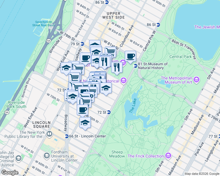 map of restaurants, bars, coffee shops, grocery stores, and more near 22 West 76th Street in New York