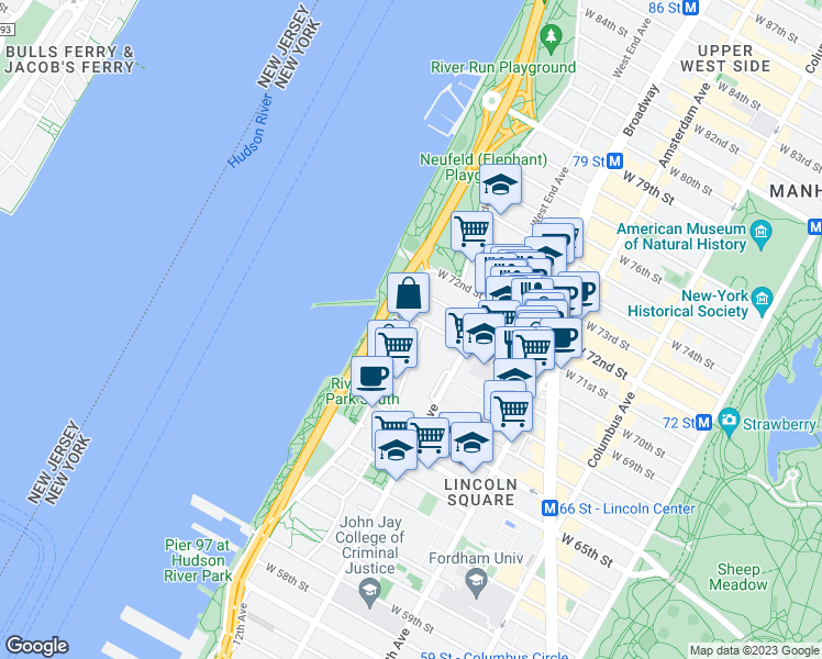 map of restaurants, bars, coffee shops, grocery stores, and more near 10 Freedom Place in New York