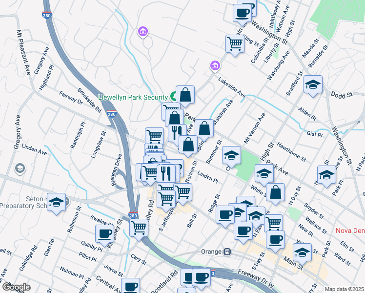 map of restaurants, bars, coffee shops, grocery stores, and more near 112 Ashland Avenue in West Orange