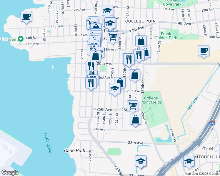 map of restaurants, bars, coffee shops, grocery stores, and more near 22-40 125th Street in Queens