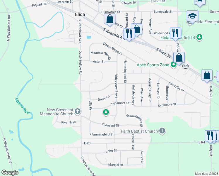 map of restaurants, bars, coffee shops, grocery stores, and more near 5037 Willow Drive in Elida