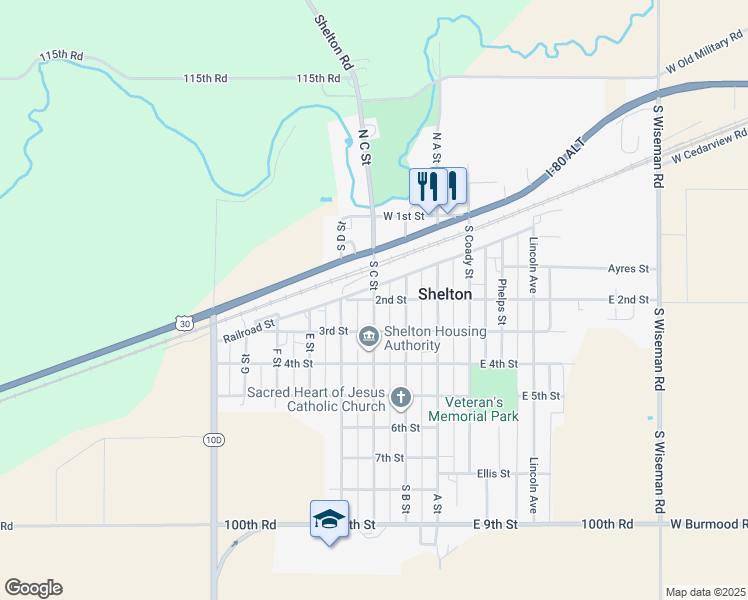 map of restaurants, bars, coffee shops, grocery stores, and more near 300 2nd Street in Shelton