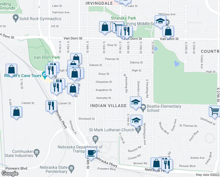 map of restaurants, bars, coffee shops, grocery stores, and more near 1632 Arapahoe Street in Lincoln
