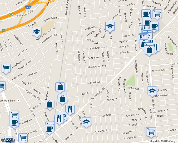 map of restaurants, bars, coffee shops, grocery stores, and more near 50 Moeller Street in Hicksville