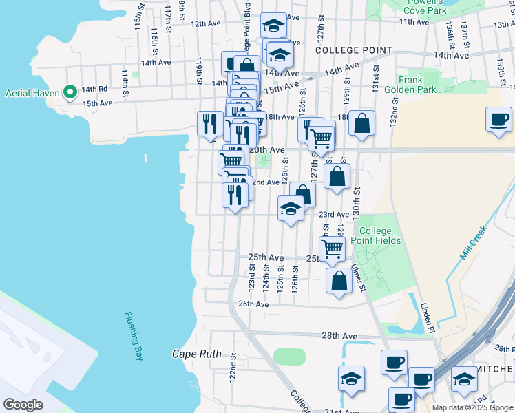 map of restaurants, bars, coffee shops, grocery stores, and more near 22-39 123rd Street in Queens