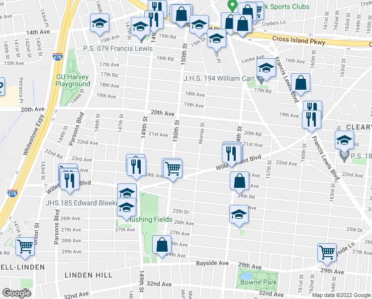 map of restaurants, bars, coffee shops, grocery stores, and more near 150-27 22nd Avenue in Queens