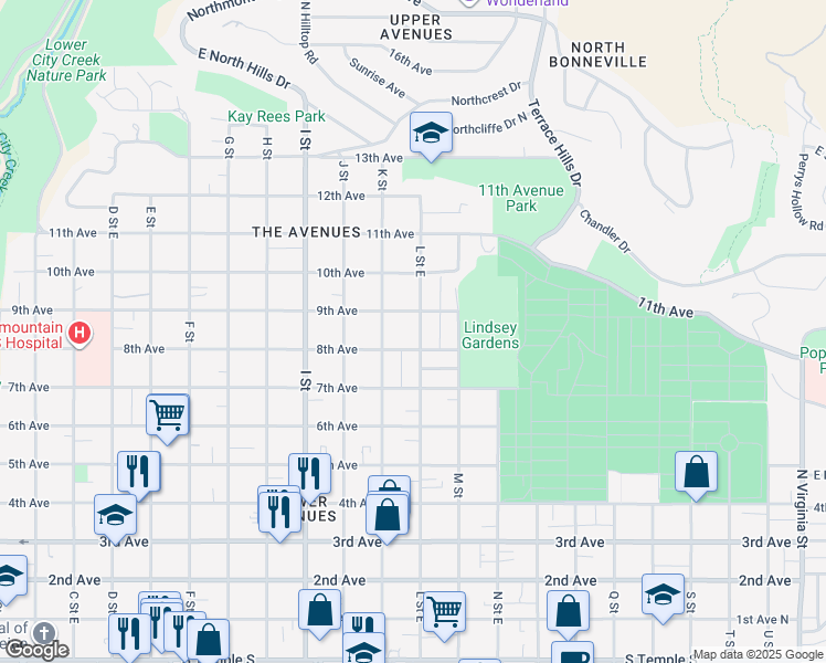 map of restaurants, bars, coffee shops, grocery stores, and more near 414 L Street East in Salt Lake City