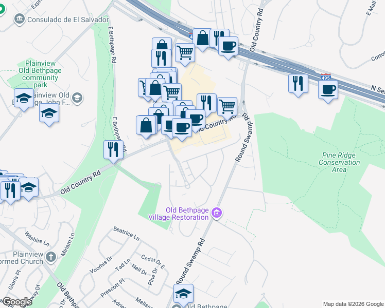 map of restaurants, bars, coffee shops, grocery stores, and more near 41203 Silver Birch Lane in Plainview