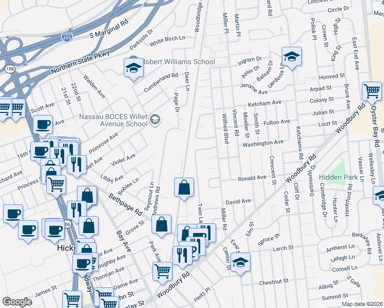 map of restaurants, bars, coffee shops, grocery stores, and more near 89 Twin Lawns Avenue in Hicksville